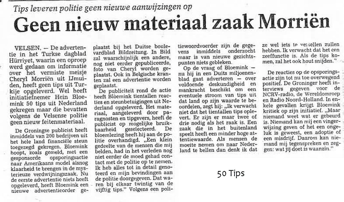 Geen nieuw materiaal na advertentie Cheryl Morriën Turks Dagblad